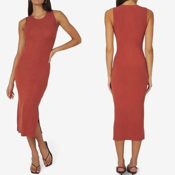 New WeWoreWhat Ribbed Knit Slip Bodycon Midi Dress In Clay NWT Size Medium - Picture 4 of 14